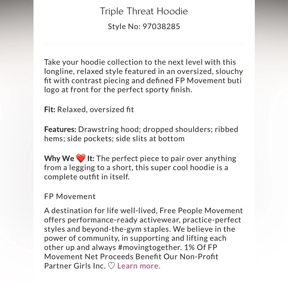 Free People Movement Triple Threat Hoodie Size Large NEW